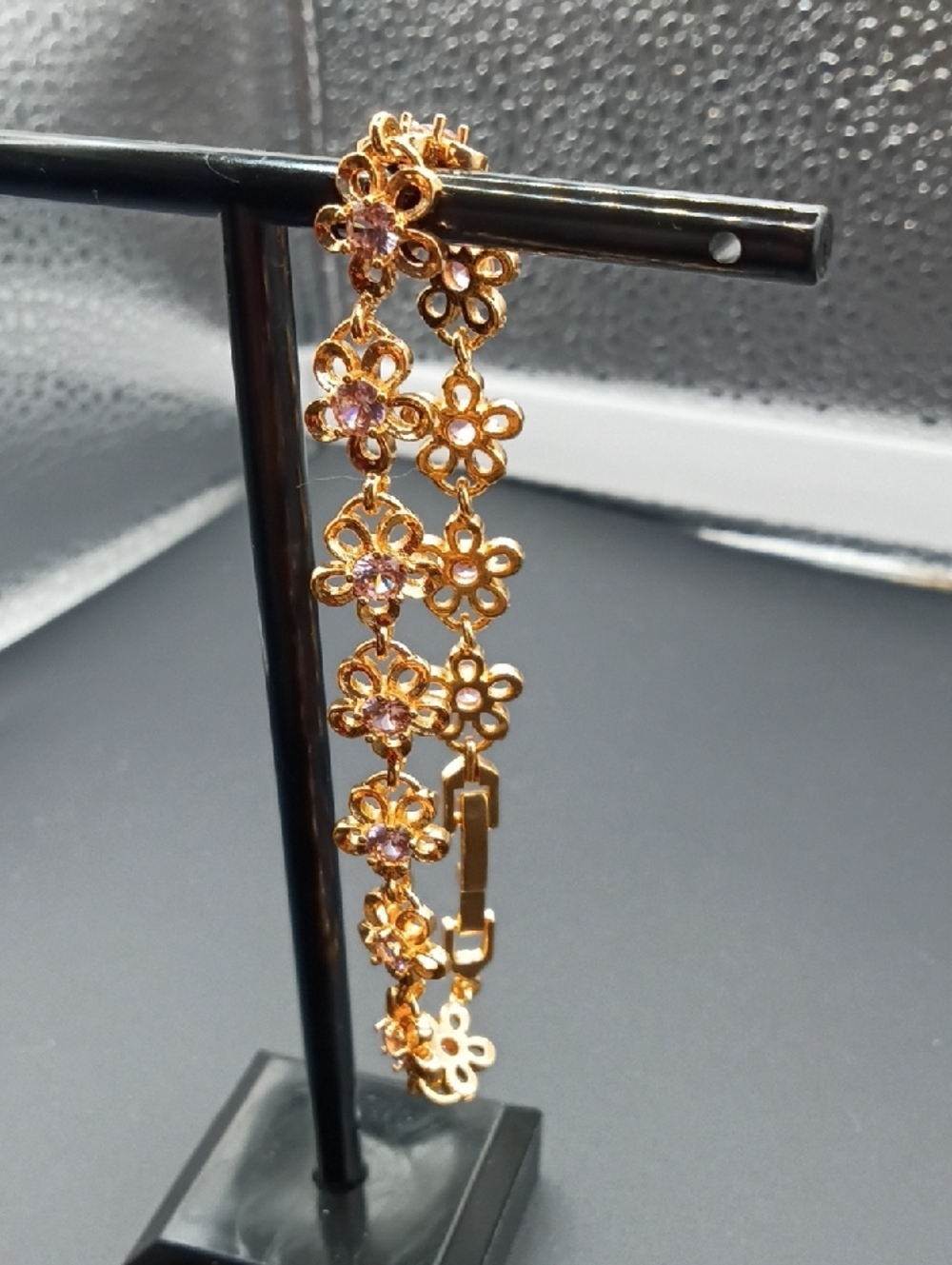 Gold Flower Link Bracelet with Pink Crystal Accents